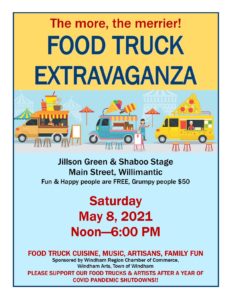 Flyer for food truck event happening on May 8th. Colored yellow and blue with graphics of three small trucks.