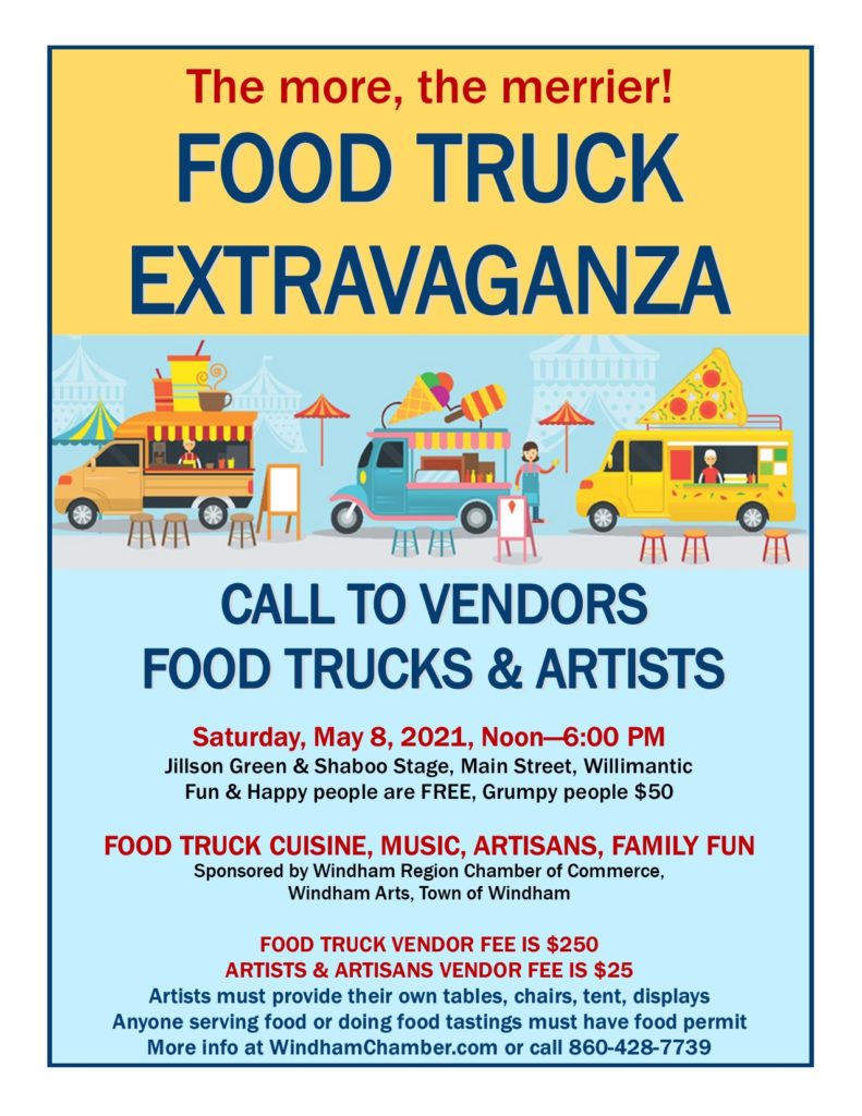 flyer calling for vendors for a food truck event on may 8th. yellow and blue colors with three small food truck graphics.
